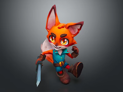 Vibrant Orange Fox Game Character With Large Ears Blue Outfit Holding Sword And Brown Boots 3d model