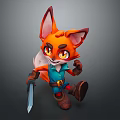 Vibrant Orange Fox Game Character With Large Ears Blue Outfit Holding Sword And Brown Boots