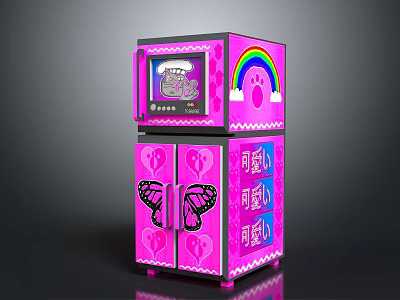 Cute Pink Mini Fridge With Kitty Themed Screen And Butterfly Heart Rainbow Design 3d model