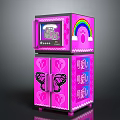 Cute Pink Mini Fridge With Kitty Themed Screen And Butterfly Heart Rainbow Design