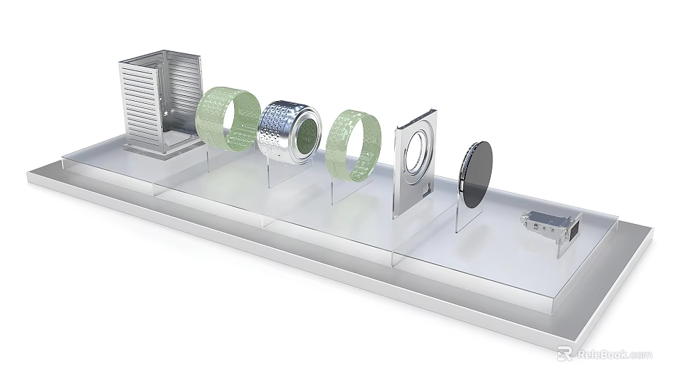 Art Installation With Circular Rings Square Structures Metallic Frames And Green Elements On Display Platform 3d model
