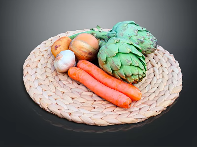 Fresh Assorted Vegetables Displayed with Carrots Onions Garlic and Artichokes on a Woven Round Mat 3d model