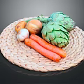 Fresh Assorted Vegetables Displayed with Carrots Onions Garlic and Artichokes on a Woven Round Mat