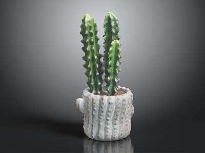 Green Spiky Cactus Plant In White Striped Textured Pot Against Dark Background 3d model