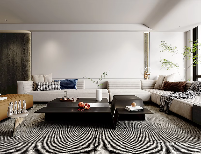 Modern Living Room Interior With Sofa Coffee Table Pillows Plants And Rug 3d model 