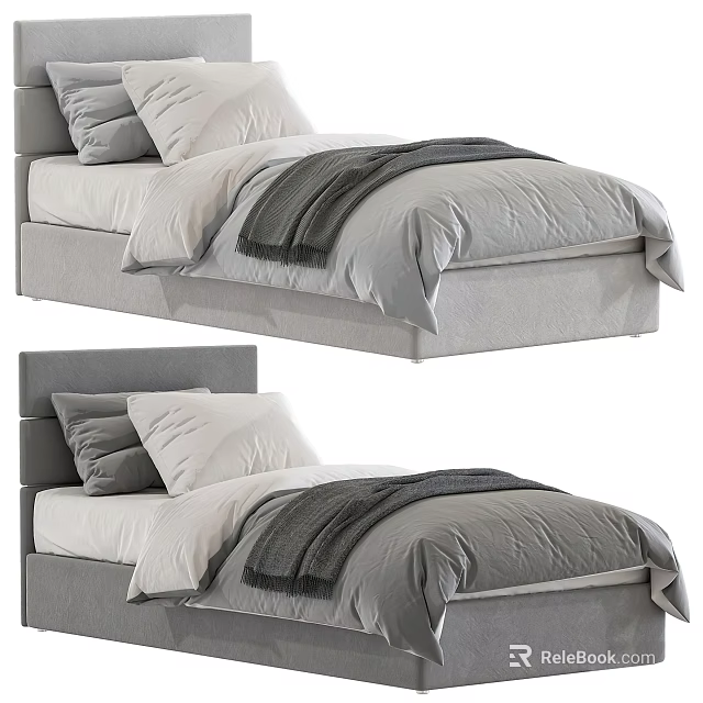 Modern Upholstered Single Bed With Gray And White Bedding Soft Blanket And Headboard 3d model 