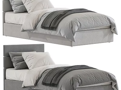 Modern Upholstered Single Bed With Gray And White Bedding Soft Blanket And Headboard 3d model