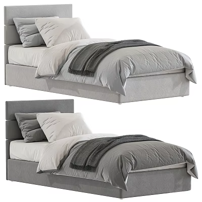 Modern Upholstered Single Bed With Gray And White Bedding Soft Blanket And Headboard 3d model