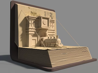 Vintage Wooden Decorative Ornament Set With 3D Pop Up Building And Train Model 3d model