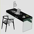 Modern Office Desk With Laptop White Mouse Lamp Coffee Cup Green Plant And Glass Legs