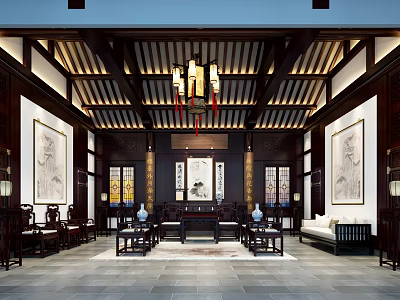 Traditional Chinese Reception Room With Wooden Ceiling Beams Hanging Chandelier Calligraphy Paintings And Classic Furniture 3d model