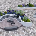Creative Garden Decor Featuring Circular Wooden Deck Sofa Seating Fire Pit Purple Flowers And Greenery