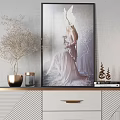 Stylish Console Cabinet With Textured Panels Drawers And Decorative Vase Figurines Floor Lamp