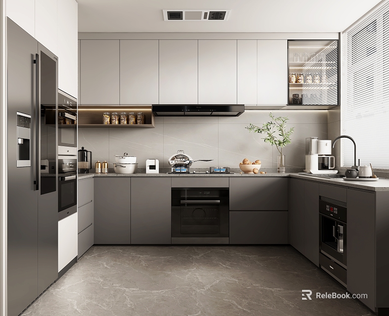Modern Kitchen Interior With Gray Cabinets Built-in Appliances And Countertop Plant 3d model 