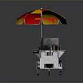 Food Cart With Red Yellow Umbrella Condiment Bottles And Hot Dog Sign