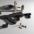 Military Assault Rifle With Grenades Bullets Magazine Pan And Molotov Cocktail