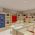 Shopping Mall Store Interior With Blue Wooden Shelves And Stuffed Toys