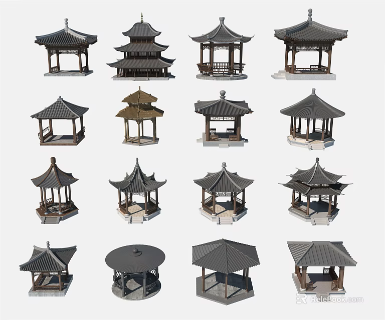 Chinese Traditional Pavilions With Diverse Roof Designs And Architectural Styles 3d model 