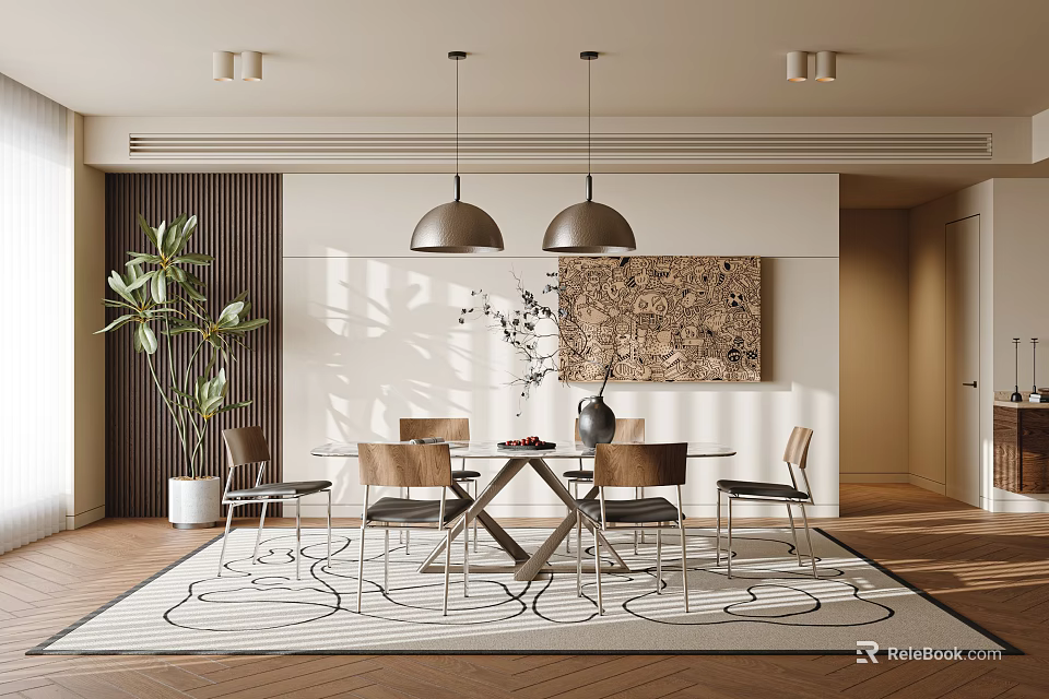 Modern Elegant Restaurant Interior With Dining Table Chairs Pendant Lights And Decorative Painting 3d model 