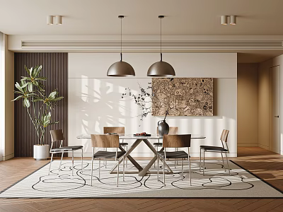 Modern Elegant Restaurant Interior With Dining Table Chairs Pendant Lights And Decorative Painting 3d model