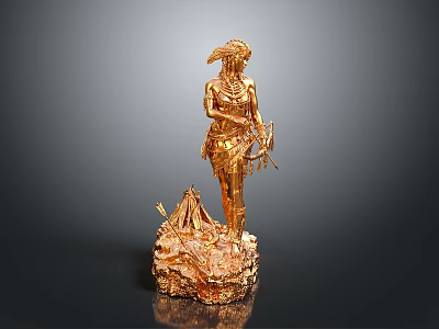 Golden Statue Depicting Woman with Feathered Headdress Bow Arrow and Campfire Base 3d model