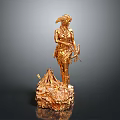 Golden Statue Depicting Woman with Feathered Headdress Bow Arrow and Campfire Base