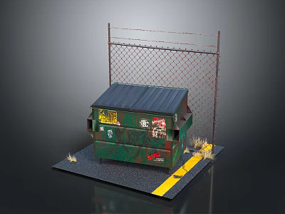 Green Graffiti Covered Dumpster Near Chain Link Fence With Yellow Stripes And Dry Grass 3d model