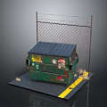 Green Graffiti Covered Dumpster Near Chain Link Fence With Yellow Stripes And Dry Grass