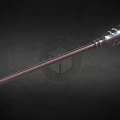 Flaming Red Spear Weapon Featuring Decorative Metal Head And Long Shaft
