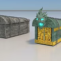 Ancient Ornate Treasure Chests With Dragon Carvings Chains And Glowing Eyes