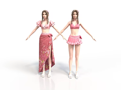 Two 3D Female Characters With Pink Tops Red Long Skirt And Pink Short Skirt 3d model