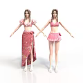 Two 3D Female Characters With Pink Tops Red Long Skirt And Pink Short Skirt