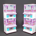 Two Pink And White Entertainment Claw Machines With Transparent Glass And Stuffed Toys