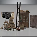 Vintage Furniture Collection With Wooden Cabinet Old Door Ladder Boxes Frame And Spider Web