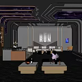 Modern KTV Interior With Purple Lighting Sofas Bar Counter Wine Cabinets And Hi tech Decor