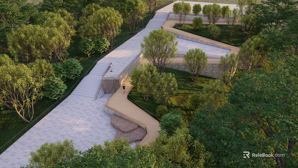 Scenic Park Landscape With Winding Stone Pathways Lush Trees And Green Lawns 3d model 
