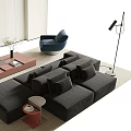 Modern Living Room Black Sofa And Wooden Coffee Table Set With Floor Lamp