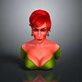 3D Rendered Female Character With Red Hair Green Off Shoulder Outfit And Green Earrings