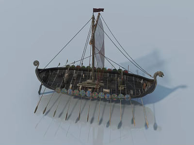 Ancient Viking Longship with Sail Oars and Decorative Hull Design 3d model