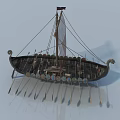 Ancient Viking Longship with Sail Oars and Decorative Hull Design
