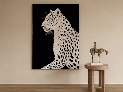 Modern Abstract Leopard Painting With Black And White Spots Near Horse Sculpture Wooden Table 3d model