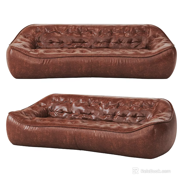 Brown Leather Double Sofa With Button Tufted Design And Classic Style 3d model 