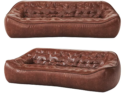 Brown Leather Double Sofa With Button Tufted Design And Classic Style 3d model