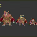 Pixel Style Bear Like Game Characters In Three Different Sizes With Orange Red Colors