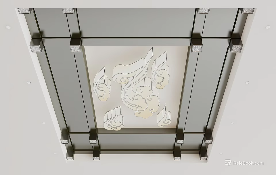 Elegant Glass Framed Ceiling With Intricate White Cloud Patterns And Metal Connectors 3d model
