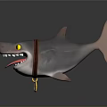 Cartoon Shark With Yellow Eyes Open Mouth Teeth Red Tongue Brown Collar And Gold Pendant