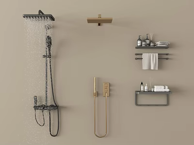 Modern Black And Gold Rainfall Shower System With Handheld Sprayer And Bathroom Accessories 3d model