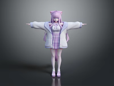 Anime Game Character With Pink Hair Cat Ears White Coat Plaid Skirt Standing Arms Outstretched 3d model