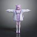 Anime Game Character With Pink Hair Cat Ears White Coat Plaid Skirt Standing Arms Outstretched