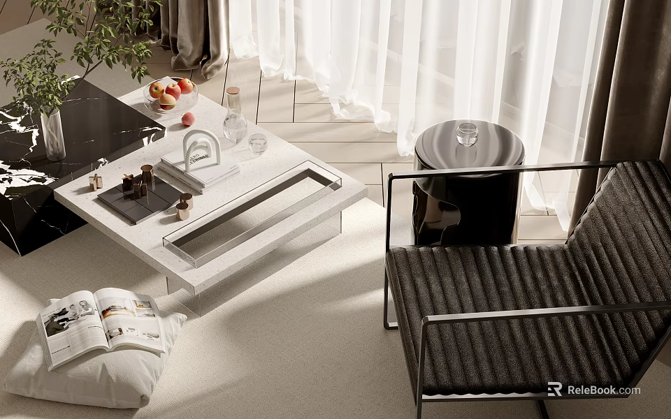 Modern Coffee Table Interior Design With Glass Top And Metal Frame In Living Room 3d model 